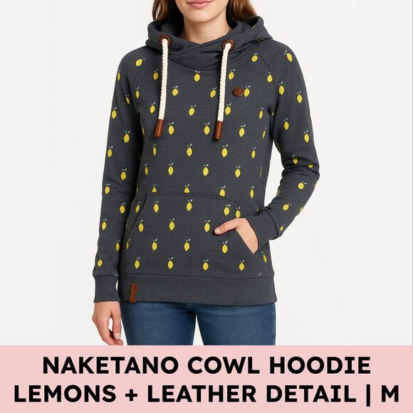 Naketano Hoodie Cotton Cowl Neck Lemon Print Rope Drawstring Cozy Medium - Picture 1 of 16